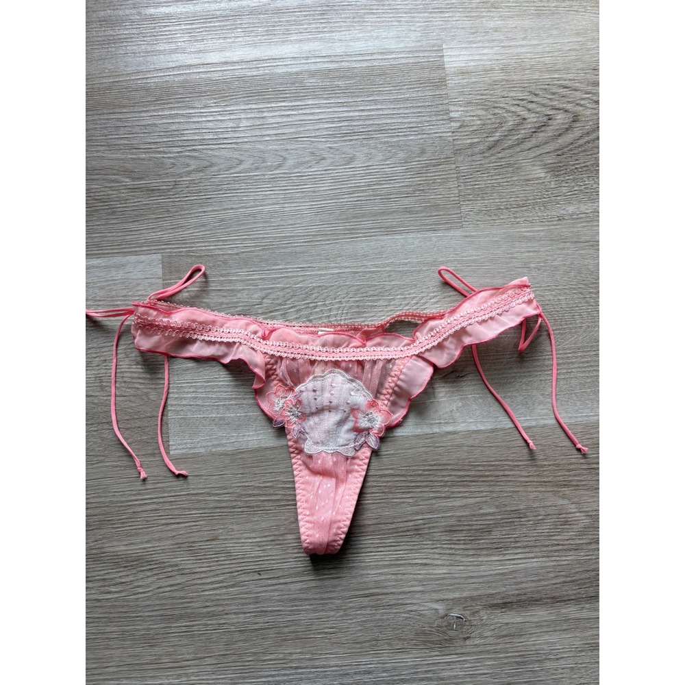 NEW! For Love & Lemons Pink Shell Embroidered Ruffle Mesh Side Tie Thong Small